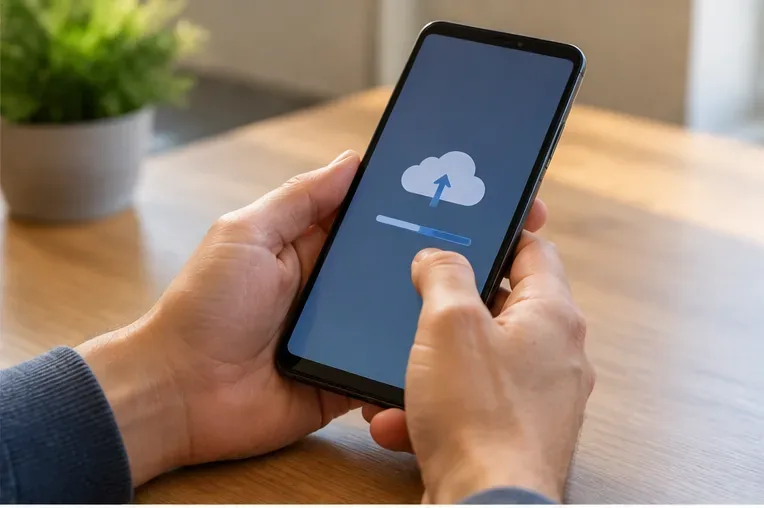 Pessoa segurando um smartphone com um símbolo genérico de envio para nuvem na tela durante uma etapa de backup
