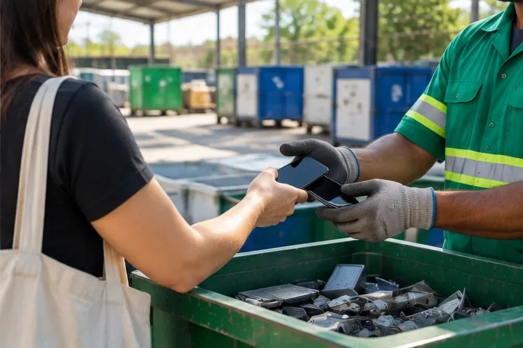 Pessoa entregando um smartphone a um trabalhador com luvas em uma área de recebimento de resíduos eletrônicos