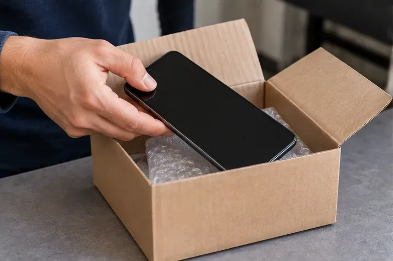 Pessoa colocando um smartphone desligado dentro de uma pequena caixa de papelão com material de proteção