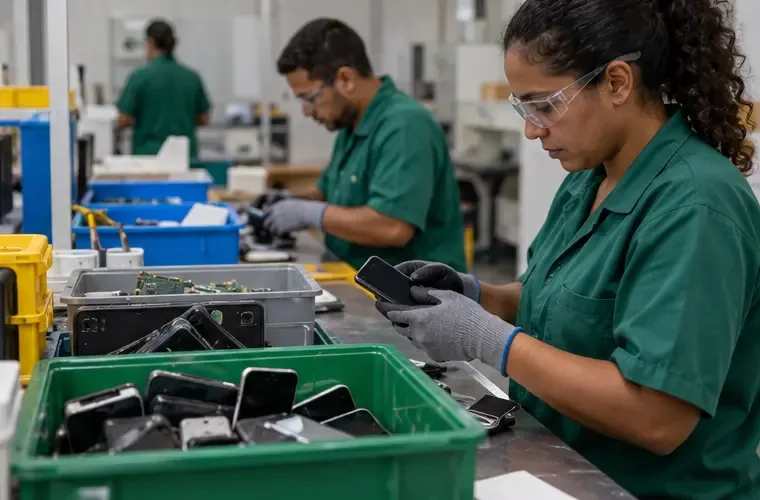 Profissional usando luvas para separar celulares e outros eletrônicos usados