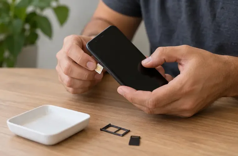 Mãos retirando o chip SIM e o cartão microSD de um celular desligado