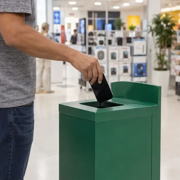 Pessoa colocando um celular usado em um coletor verde de eletroeletrônicos dentro de uma loja