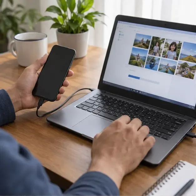 Celular antigo conectado a um notebook enquanto fotos são copiadas para fazer backup antes do descarte