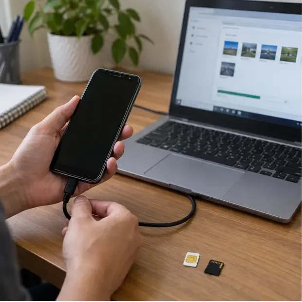 Pessoa fazendo backup de um celular antigo no computador, com cartão SIM e cartão microSD sobre a mesa