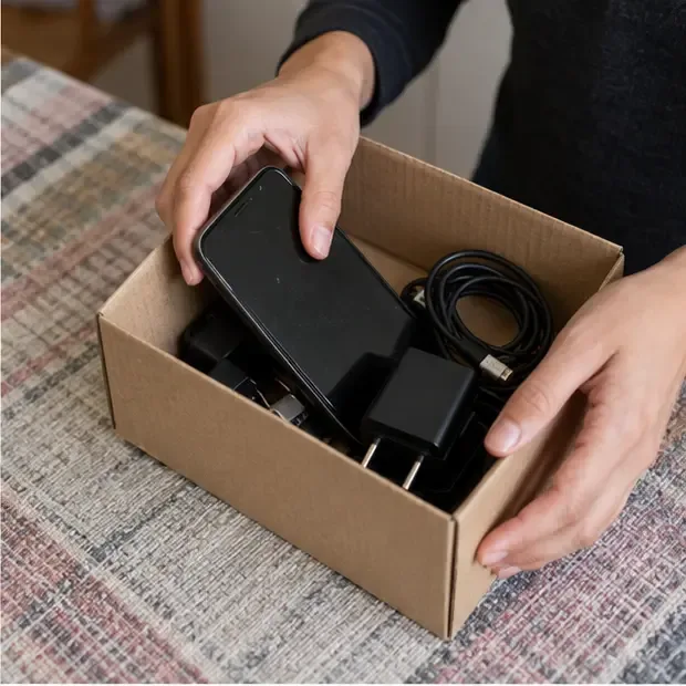 Celular antigo, carregador e cabos separados dentro de uma caixa de papelão para transporte