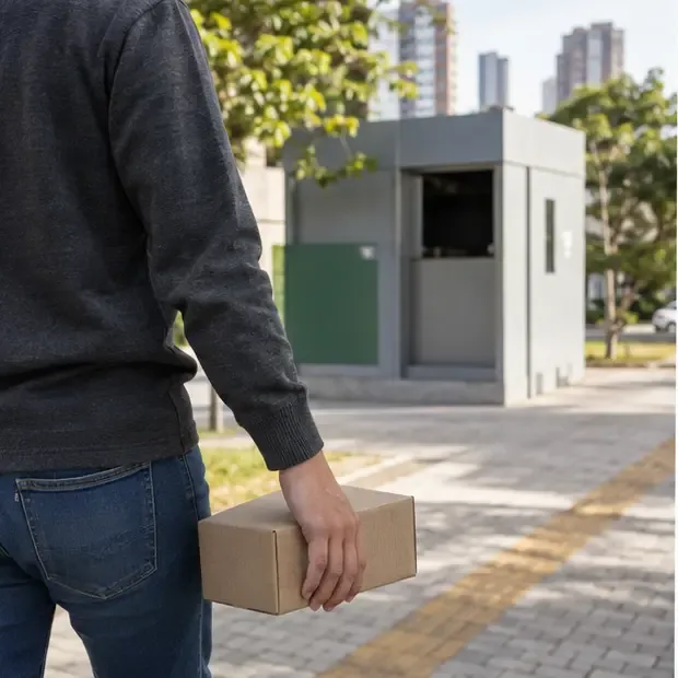 Pessoa carregando uma caixa fechada em direção a um ponto público de coleta de eletrônicos