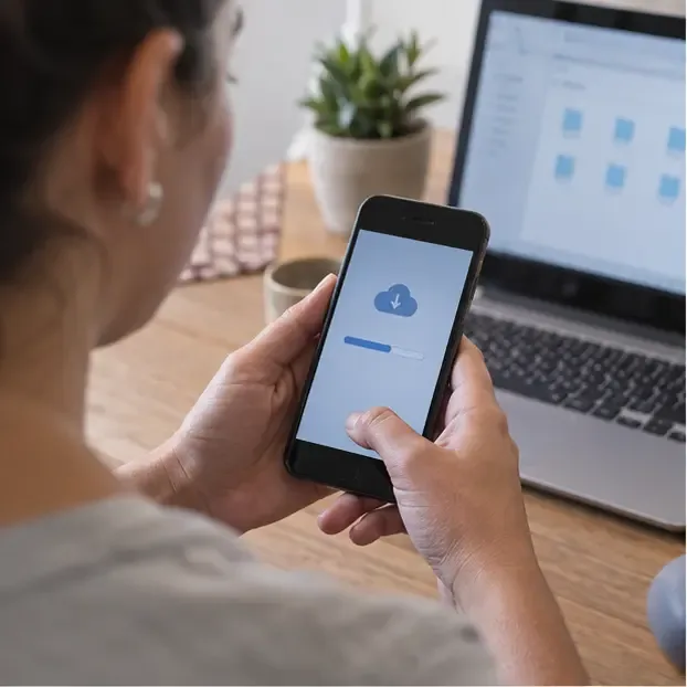 Pessoa fazendo backup de um celular antigo ao lado de um computador portátil sobre uma mesa