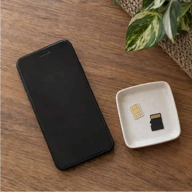 Celular desligado ao lado de um cartão SIM e um cartão microSD retirados sobre uma bandeja