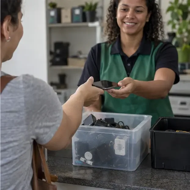 Moradora entregando um celular antigo a uma atendente em um balcão com recipientes para eletrônicos