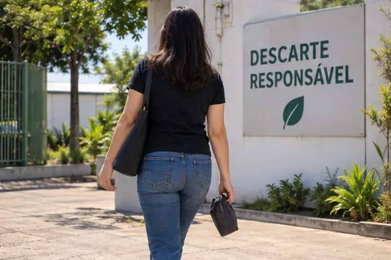 Pessoa saindo de um ponto de descarte responsável de eletrônicos após a entrega