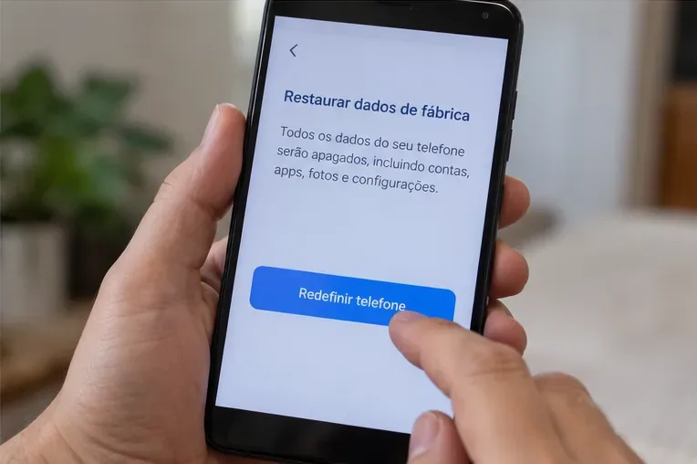 Pessoa confirmando a restauração de fábrica em um celular