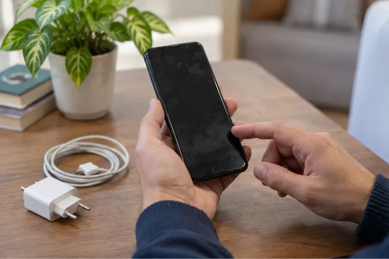 Pessoa examinando um celular antigo sobre uma mesa antes de decidir pelo descarte