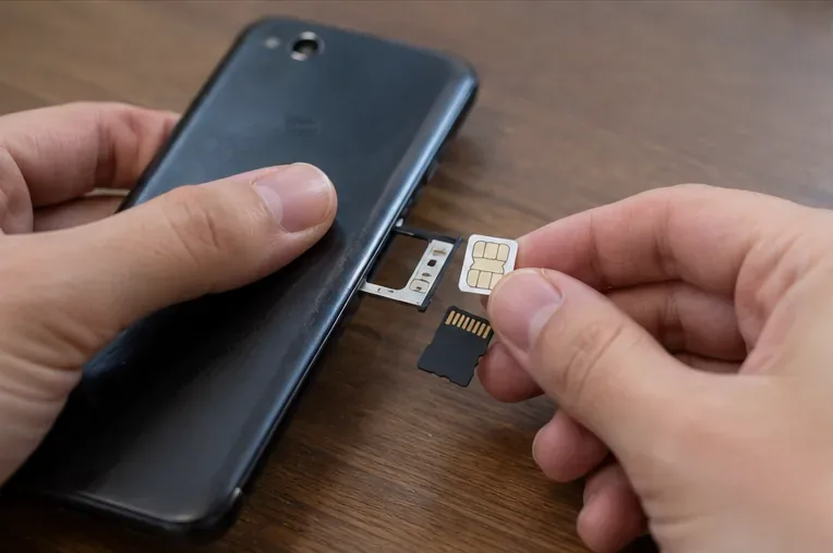 Mãos retirando um chip SIM e um cartão microSD de um celular