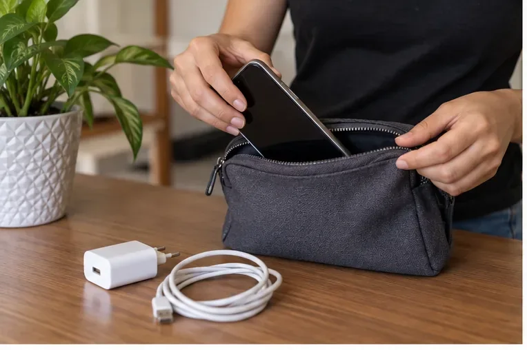 Pessoa guardando um celular antigo em uma bolsa junto de carregador e cabo