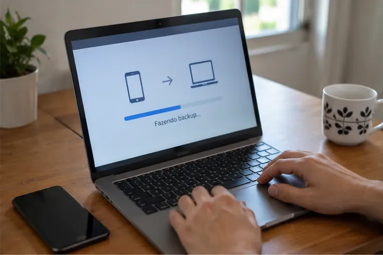 Notebook exibindo uma transferência de backup enquanto um celular está ao lado