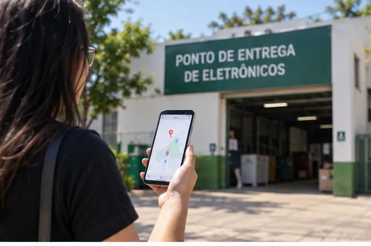 Pessoa consultando um mapa em frente a um ponto de entrega de eletrônicos