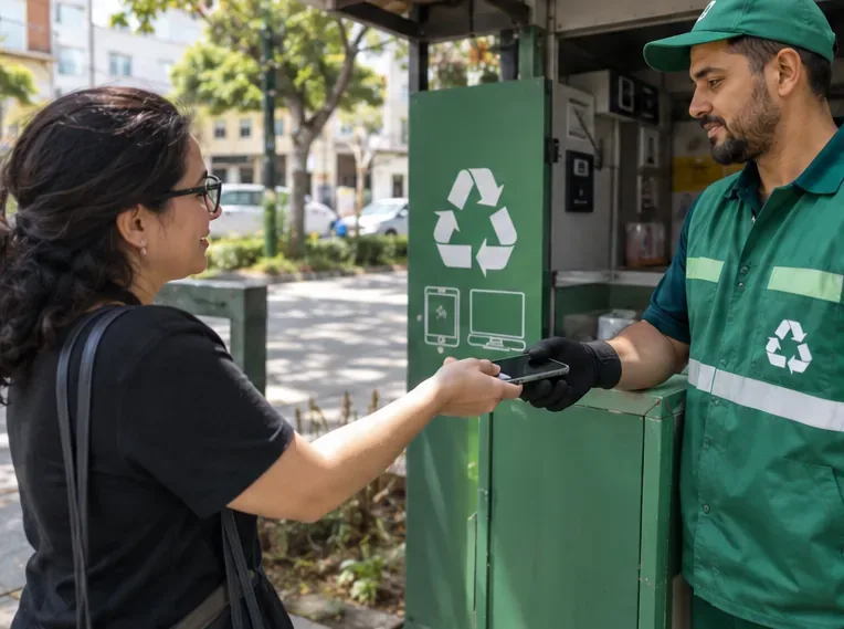 Moradora entregando um celular antigo a um funcionário de ponto de coleta