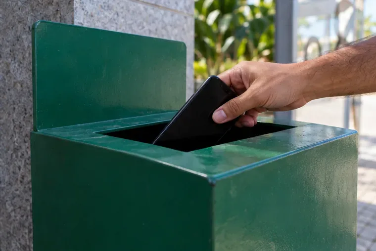 Mão deposita um celular inteiro em um recipiente usado para coleta de eletrônicos