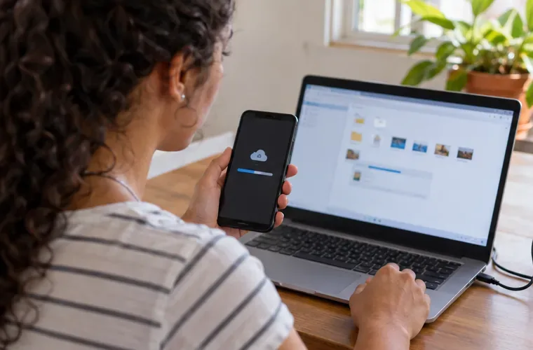 Pessoa faz cópia de segurança do celular para um computador antes de apagar os dados