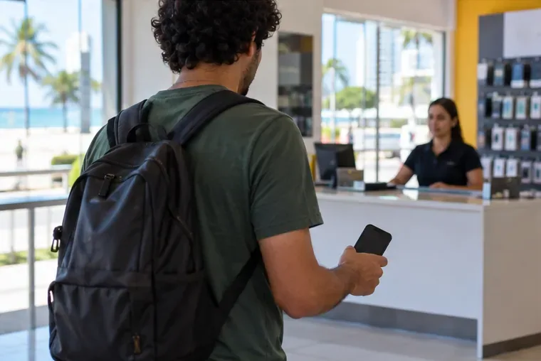 Pessoa segura um celular diante de um balcão enquanto confirma o recebimento de eletrônicos