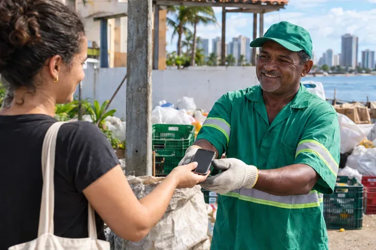 Moradora entrega um celular desligado a um trabalhador em um ponto organizado de recebimento de recicláveis