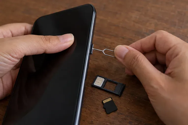 Mãos retiram a bandeja do chip de um celular desligado com uma ferramenta de ejeção