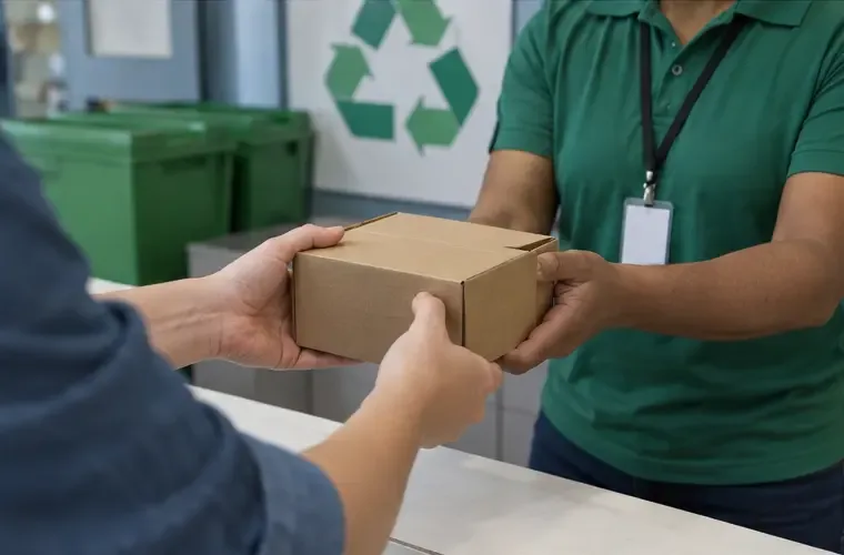 Pessoa entrega uma caixa com celular a um atendente em um ponto de reciclagem