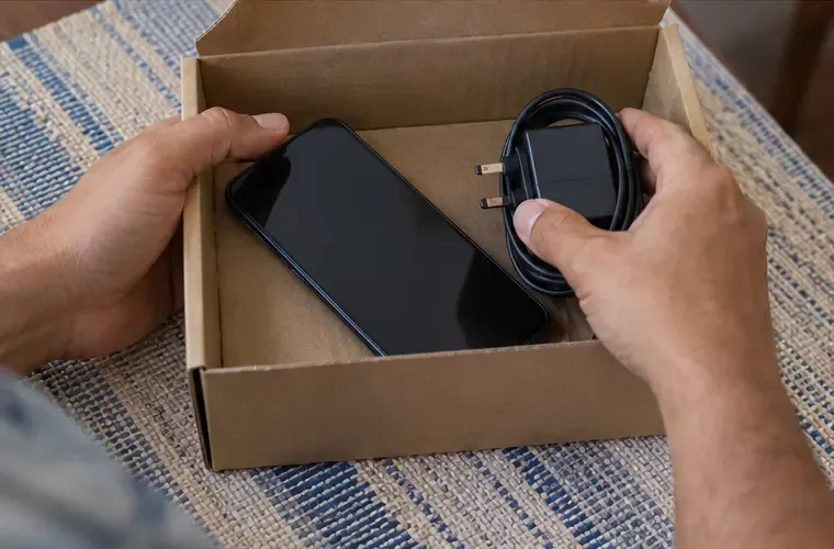 Celular antigo e carregador são colocados intactos em uma caixa de papelão