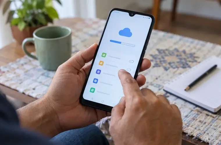 Mãos revisam o backup e as contas de um celular antigo sobre uma mesa