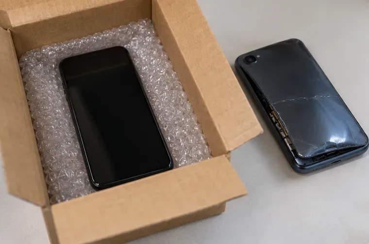 Dois celulares separados para transporte, um protegido em caixa e outro visivelmente danificado