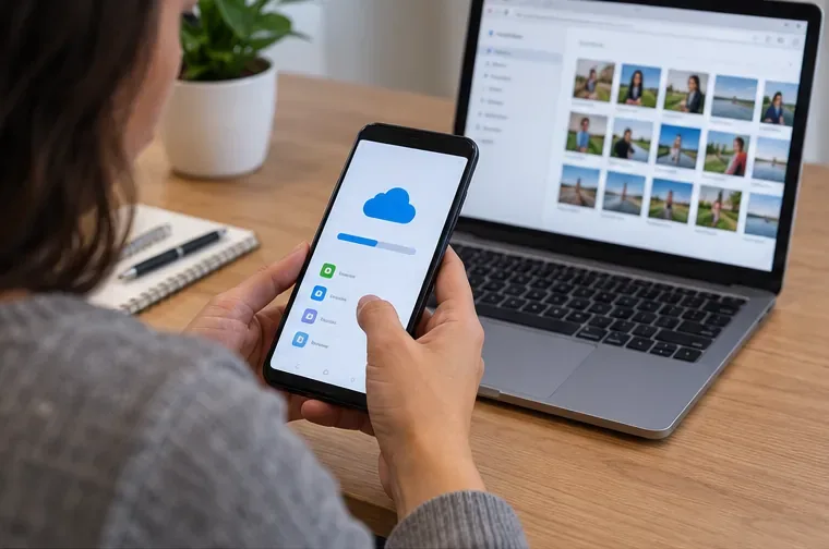 Pessoa conferindo o backup de arquivos de um celular ao lado de um notebook antes do descarte