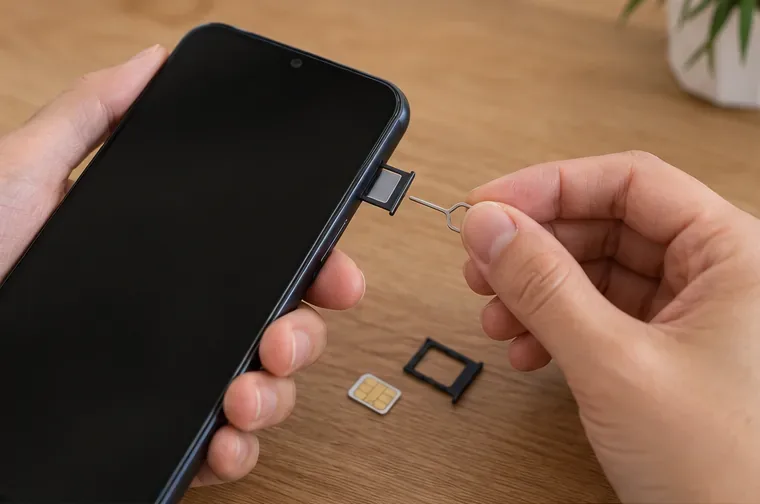 Mãos retirando a bandeja e o cartão SIM de um smartphone antes do descarte