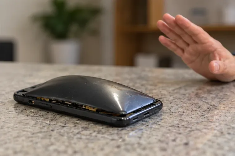 Celular com bateria estufada levantando a tela, enquanto uma mão evita tocar no aparelho