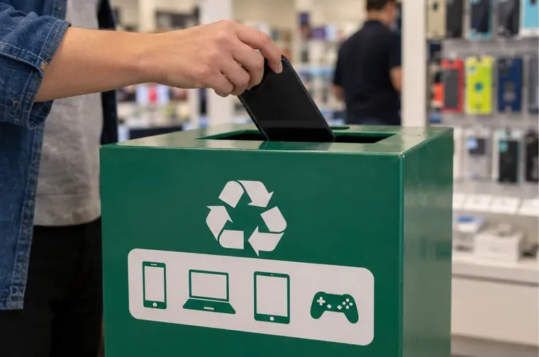 Pessoa colocando um celular desligado em coletor verde destinado a resíduos eletrônicos