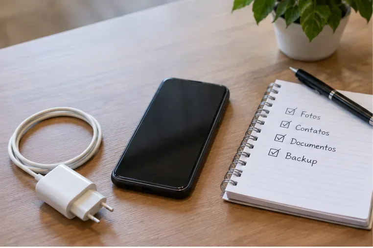 Celular sobre uma mesa ao lado de carregador e caderno com checklist de fotos, contatos, documentos e backup