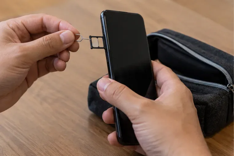 Pessoa retirando a bandeja do chip SIM de um smartphone antes do descarte