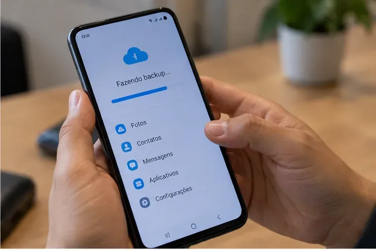 Pessoa segurando um smartphone enquanto uma tela genérica representa a realização de uma cópia de segurança