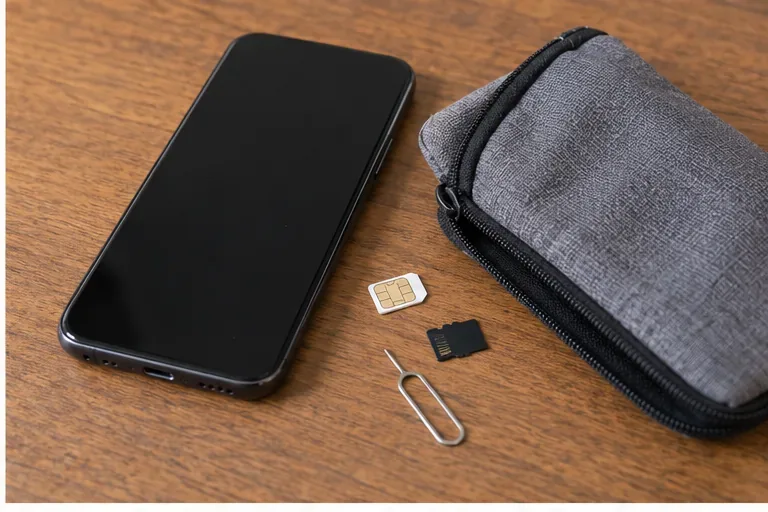 Celular desligado sobre uma mesa com cartão SIM e cartão microSD removidos