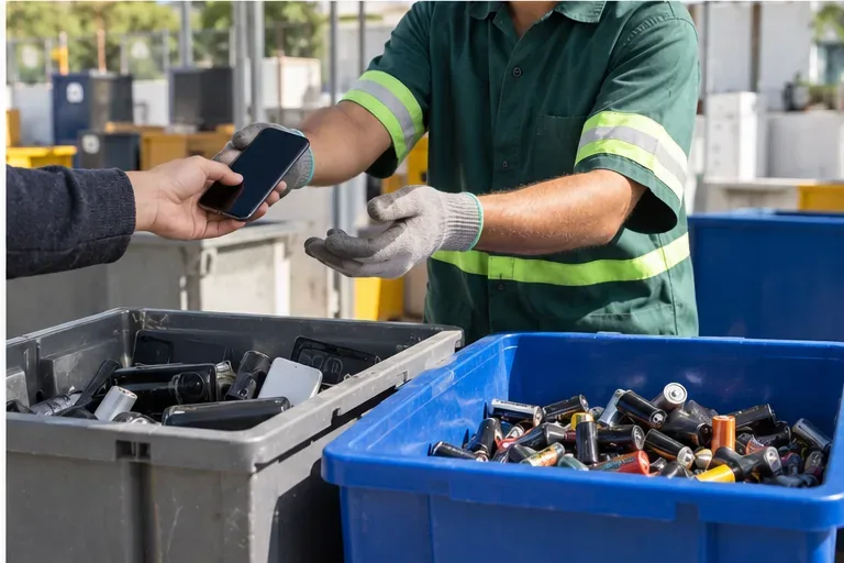 Pessoa entregando um celular a um trabalhador de um ponto de coleta de eletrônicos