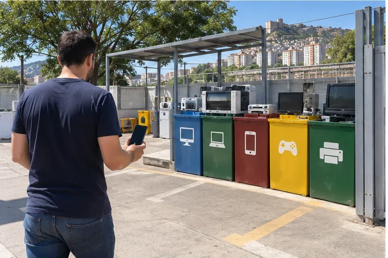 Pessoa caminhando com um celular em direção a contêineres identificados para diferentes tipos de resíduos eletrônicos