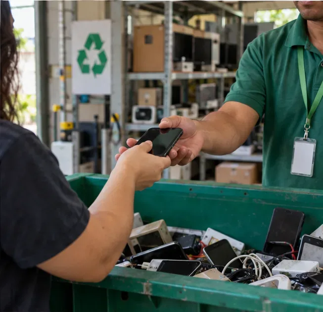Pessoa entregando um smartphone a um trabalhador em um ponto de coleta de eletrônicos