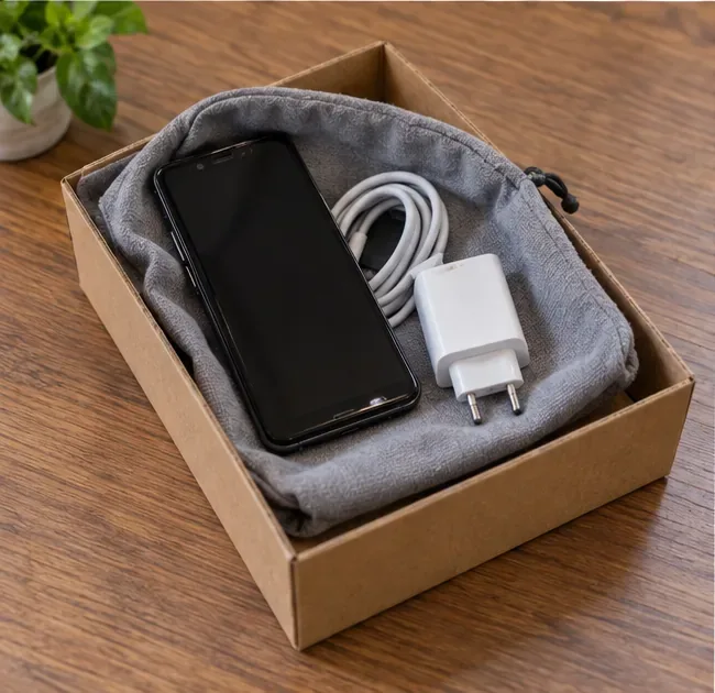 Celular antigo, cabo e carregador acondicionados juntos em uma caixa para entrega a um ponto de coleta