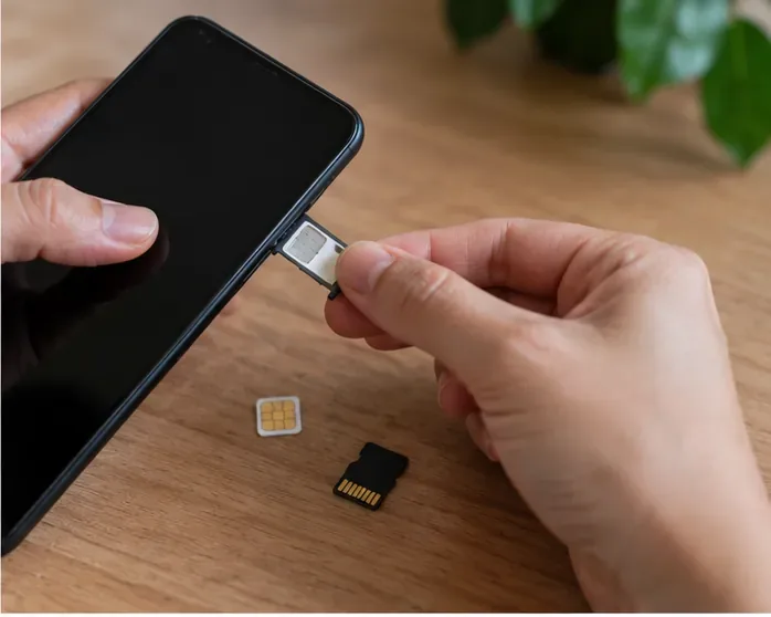 Mãos retirando a bandeja de SIM de um smartphone, com um cartão de memória sobre a mesa
