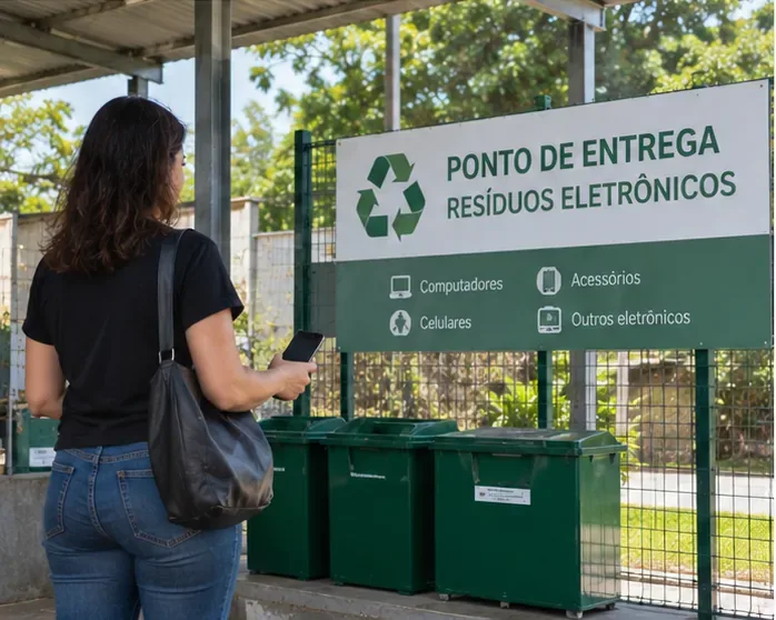 Pessoa chegando a um ponto de entrega de resíduos eletrônicos com um celular na mão