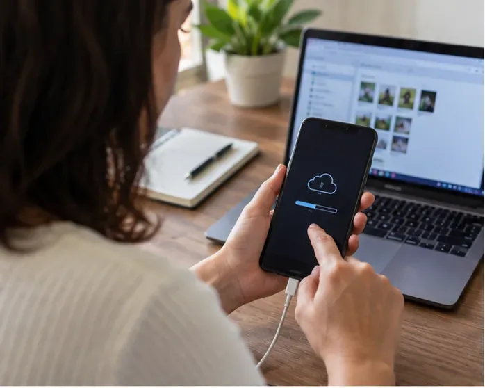 Pessoa fazendo backup de um celular em uma mesa, com notebook aberto ao fundo