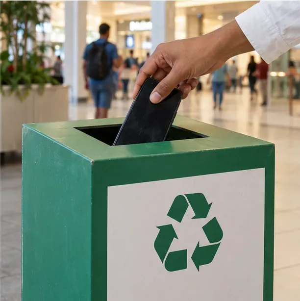 Uma mão coloca um celular em uma caixa de coleta de eletrônicos, em um ambiente público interno.