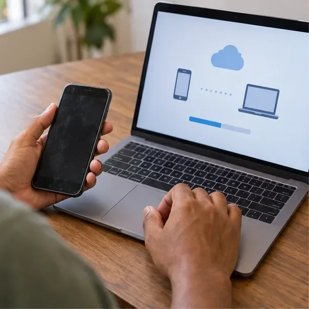 Mãos ao lado de um celular antigo e de um notebook durante a preparação de um backup; transfira o que deseja guardar antes do descarte.