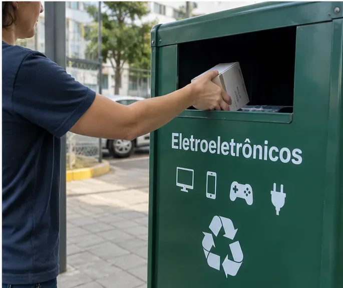 Pessoa colocando uma caixa com celular em um coletor verde identificado para eletroeletrônicos