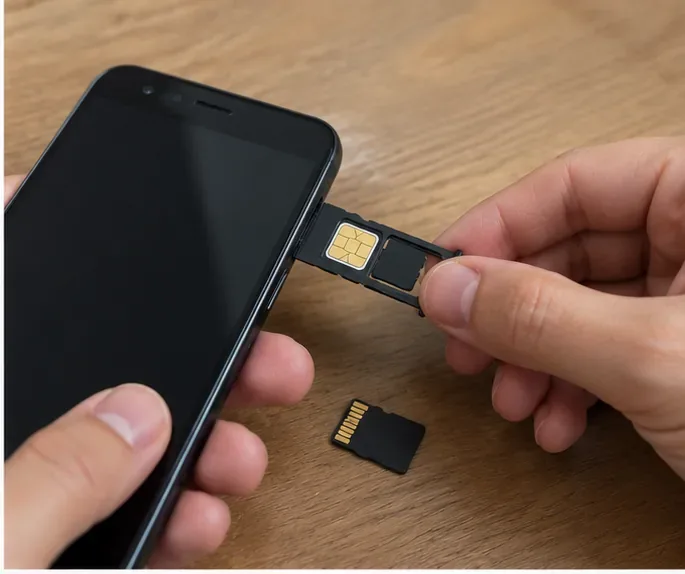 Mãos retirando a bandeja do chip de um celular, com um cartão de memória sobre a mesa