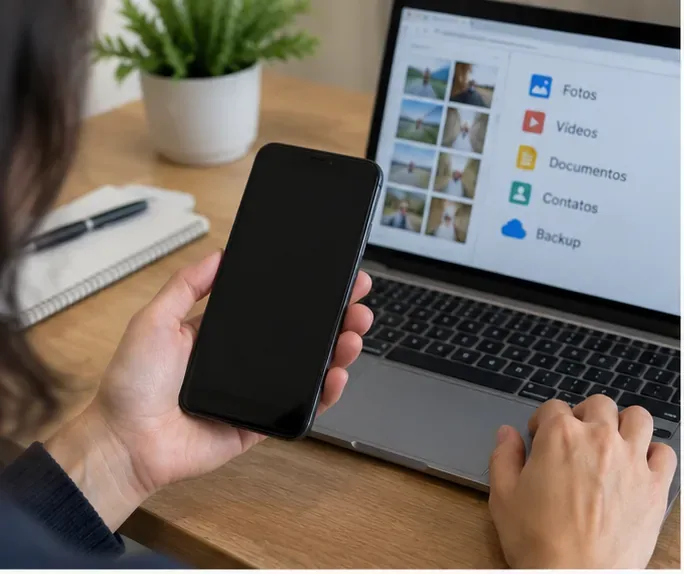 Pessoa segurando um celular antigo diante de um notebook enquanto organiza o backup de fotos, vídeos, documentos e contatos